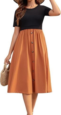 Women's Cotton Nursing Dresses Breastfeeding Midi Color Block Breastfeeding Dress with Pockets in Saudi Arabia