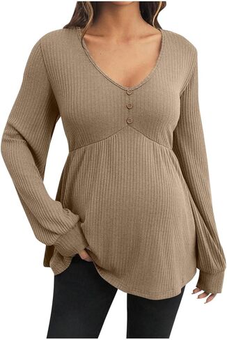 Lmdudan 2026 Women's Ribbed Knit Maternity Shirts Stretchy Comfy V Neck Peplum Tops Dressy Long Sleeve Pregnancy Blouse in Saudi Arabia