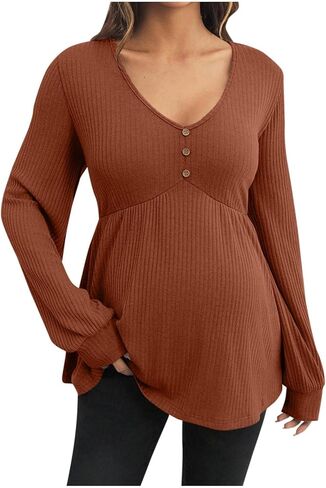 Lmdudan 2026 Women's Ribbed Knit Maternity Shirts Stretchy Comfy V Neck Peplum Tops Dressy Long Sleeve Pregnancy Blouse in Saudi Arabia
