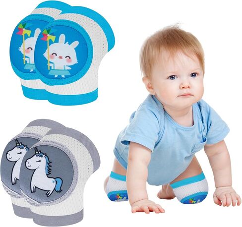 2 Pairs Baby Knee Pads for Crawling, Anti-Slip Soft Cushion Breathable Elastic Knee Protectors for Toddlers, Leg Protector Accessories for Toddlers Infant Baby Boys Girls (Unicorn& Rabbit in Kuwait
