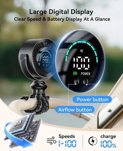 KIMMOO Portable Baby Stroller Fan, 360° Adjustable Quiet Rechargeable USB Fan with LED Display, 100 Speeds Safe Clip Fan for Stroller, Powerful Cooling Fan for Golf Car Seat Treadmill Travel, Black in Kuwait
