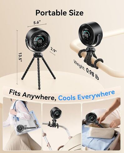 KIMMOO Portable Baby Stroller Fan, 360° Adjustable Quiet Rechargeable USB Fan with LED Display, 100 Speeds Safe Clip Fan for Stroller, Powerful Cooling Fan for Golf Car Seat Treadmill Travel, Black in Kuwait
