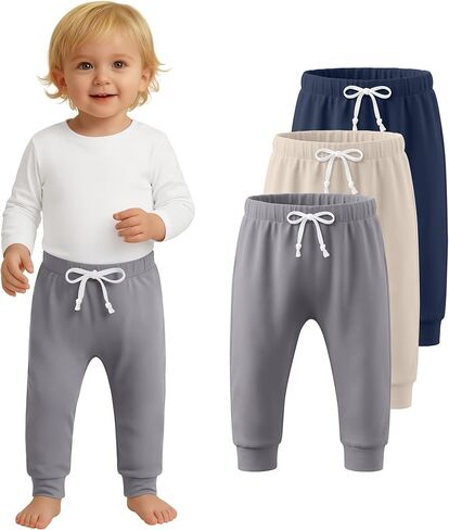 3 Pack Toddler Pants Pull On Baby Boys and Girls Sweatpants Basic Casual Kids Soft Joggers with Drawstring in Kuwait