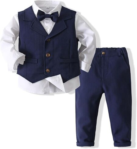 YUN HAO Baby Boys Outfits 4pcs Suits Gentleman Long Sleeve Button Shirts+Vest+Bowtie+Pants Formal Clothes in Kuwait
