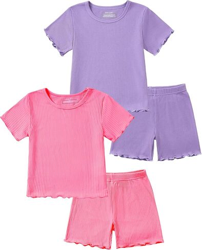 Mikrdoo Girls Pajamas 4Pcs Summer Snug Fit Toddler Pjs Bamboo Viscose 2-8Y | Girls Snug-Fit Bamboo Viscose Pajamas Shorts Sets, Elastic Waistband Breathable and Stretchy Fabric Sleepwear for Bedtime in Saudi Arabia
