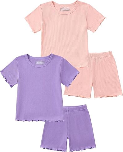 Mikrdoo Girls Pajamas 4Pcs Summer Snug Fit Toddler Pjs Bamboo Viscose 2-8Y | Girls Snug-Fit Bamboo Viscose Pajamas Shorts Sets, Elastic Waistband Breathable and Stretchy Fabric Sleepwear for Bedtime in Saudi Arabia