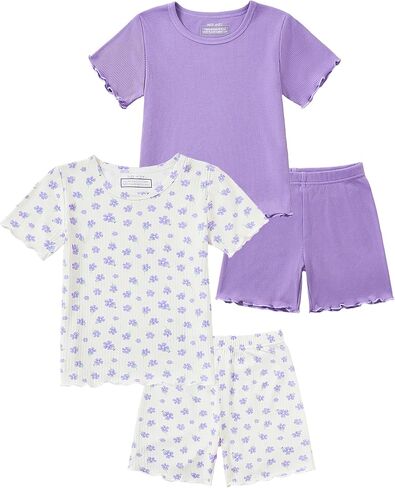 Mikrdoo Girls Pajamas 4Pcs Summer Snug Fit Toddler Pjs Bamboo Viscose 2-8Y | Girls Snug-Fit Bamboo Viscose Pajamas Shorts Sets, Elastic Waistband Breathable and Stretchy Fabric Sleepwear for Bedtime in Saudi Arabia