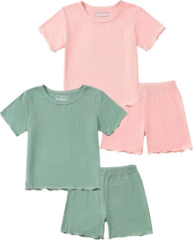Mikrdoo Girls Pajamas 4Pcs Summer Snug Fit Toddler Pjs Bamboo Viscose 2-8Y | Girls Snug-Fit Bamboo Viscose Pajamas Shorts Sets, Elastic Waistband Breathable and Stretchy Fabric Sleepwear for Bedtime in Saudi Arabia