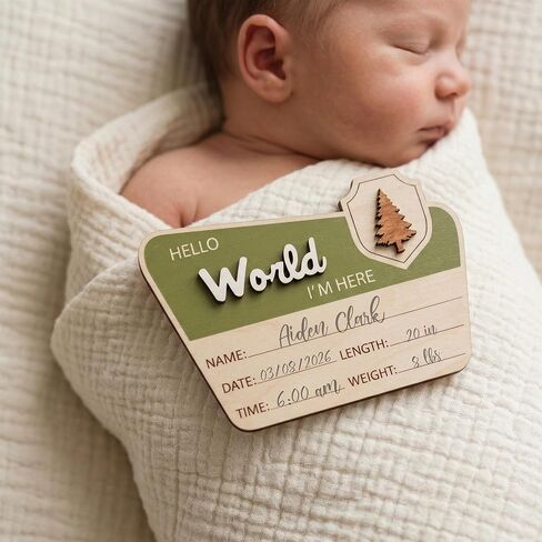 Adventure Hello World I'm Here Sign, Wooden Retro Birth Announcement Prop, 6.5" Camping Nursery Keepsake Gift new in Kuwait