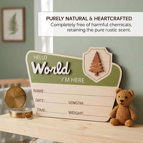 Adventure Hello World I'm Here Sign, Wooden Retro Birth Announcement Prop, 6.5" Camping Nursery Keepsake Gift new in Kuwait