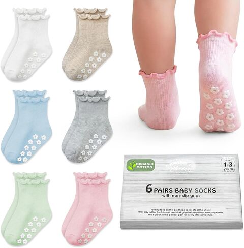 جوارب أطفال مكشكشة من القطن العضوي من Mother's Choice، 6 أزواج جوارب غير قابلة للانزلاق للأطفال من عمر 6 أشهر إلى 5 سنوات مع قماش ناعم للاستخدام اليومي in Kuwait