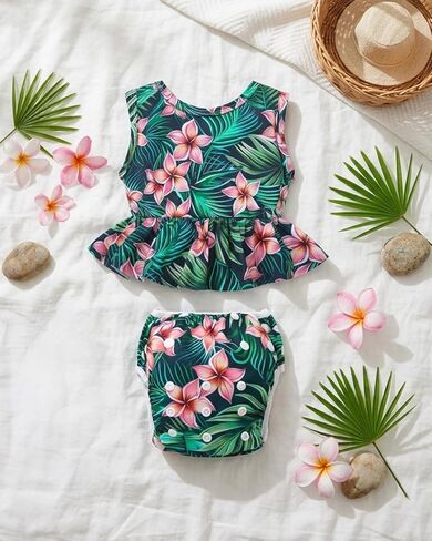 Swim Diaper with Matching Top, Baby Reusable Toddler Swimsuit,Sleeveless Tankini Swimwear Green-Grass BLC2002-P in Kuwait