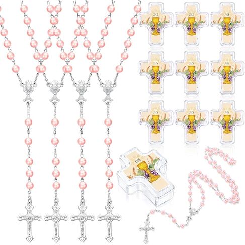 Cunno 12 Set First Holy Communion Bead Rosary Cross Necklace for Baptism First Communion Gifts Scented with Cross Shape Box for Guest Catholic Religious Rosary Baptism Party Primera Comunión (White) in Kuwait