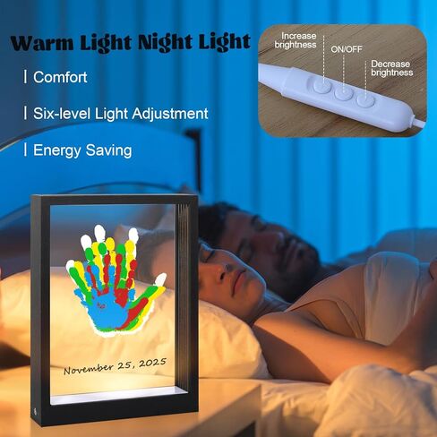 Bixinyo Family Handprint Kit with Light, Baby Hand and Footprint Keepsake Wooden Frame, Family Gifts for Mom, Women, New Parents, Mother's Day, Adoption Gifts, 5 Non-Toxic Paints (Light, Black) in Saudi Arabia