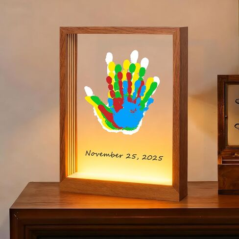 Bixinyo Family Handprint Kit with Light, Baby Hand and Footprint Keepsake Wooden Frame, Family Gifts for Mom, Women, New Parents, Mother's Day, Adoption Gifts, 5 Non-Toxic Paints (Light, Black) in Saudi Arabia