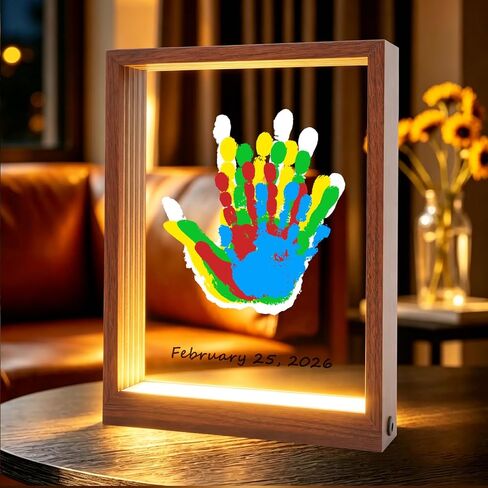 Bixinyo Family Handprint Kit with Light, Baby Hand and Footprint Keepsake Wooden Frame, Family Gifts for Mom, Women, New Parents, Mother's Day, Adoption Gifts, 5 Non-Toxic Paints (Light, Black) in Saudi Arabia
