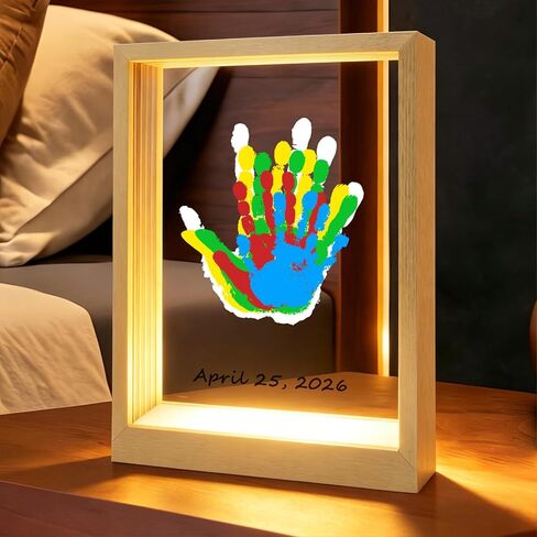 Bixinyo Family Handprint Kit with Light, Baby Hand and Footprint Keepsake Wooden Frame, Family Gifts for Mom, Women, New Parents, Mother's Day, Adoption Gifts, 5 Non-Toxic Paints (Light, Black) in Saudi Arabia