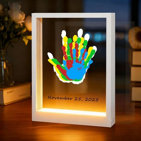 Bixinyo Family Handprint Kit with Light, Baby Hand and Footprint Keepsake Wooden Frame, Family Gifts for Mom, Women, New Parents, Mother's Day, Adoption Gifts, 5 Non-Toxic Paints (Light, Black) in Saudi Arabia