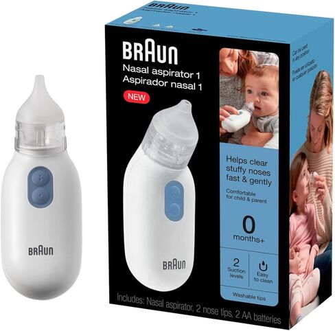 Braun Electric Nasal Aspirator - Mucus Remover, Blocked Nose Relief for Newborn, Baby and Toddler, Electric Suction Power, 2 Suction Levels, 2 Nose Tip Sizes, Dishwasher Safe, FSA and HSA Eligible in Kuwait