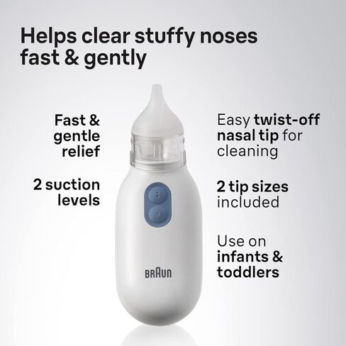 Braun Electric Nasal Aspirator - Mucus Remover, Blocked Nose Relief for Newborn, Baby and Toddler, Electric Suction Power, 2 Suction Levels, 2 Nose Tip Sizes, Dishwasher Safe, FSA and HSA Eligible in Kuwait