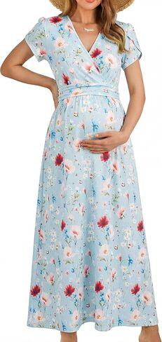 OUGES Women's Wrap V Neck Summer Maternity Photoshoot Dress with Pockets | Soft Non-Sheer Fabric, Flattering Flowy Silhouette, Short Sleeve, Floral, Maxi Length, Baby Shower, Vacation Outfit in Kuwait