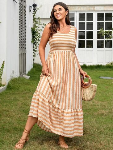 RWJ Women's Plus Size Sundress 2026 Summer Casual Sleeveless Square Neck Smocked Tank Beach Vacation Long Maxi Dresses in Saudi Arabia