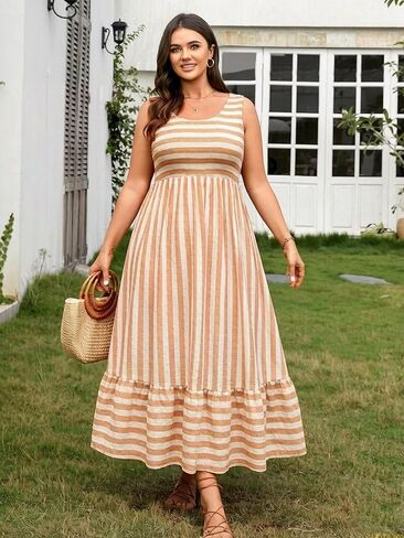 RWJ Women's Plus Size Sundress 2026 Summer Casual Sleeveless Square Neck Smocked Tank Beach Vacation Long Maxi Dresses in Saudi Arabia