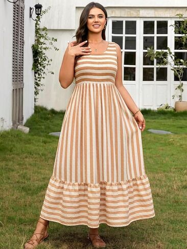 RWJ Women's Plus Size Sundress 2026 Summer Casual Sleeveless Square Neck Smocked Tank Beach Vacation Long Maxi Dresses in Saudi Arabia
