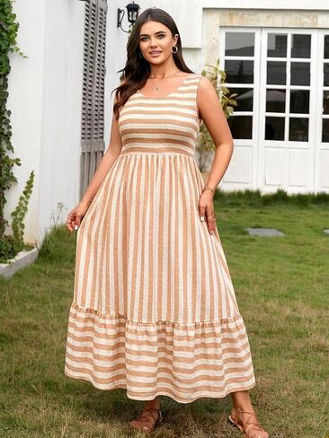 RWJ Women's Plus Size Sundress 2026 Summer Casual Sleeveless Square Neck Smocked Tank Beach Vacation Long Maxi Dresses in Saudi Arabia