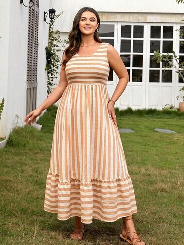 RWJ Women's Plus Size Sundress 2026 Summer Casual Sleeveless Square Neck Smocked Tank Beach Vacation Long Maxi Dresses in Saudi Arabia