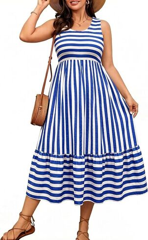 RWJ Women's Plus Size Sundress 2026 Summer Casual Sleeveless Square Neck Smocked Tank Beach Vacation Long Maxi Dresses in Saudi Arabia