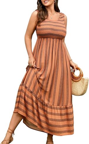 RWJ Women's Plus Size Sundress 2026 Summer Casual Sleeveless Square Neck Smocked Tank Beach Vacation Long Maxi Dresses in Saudi Arabia