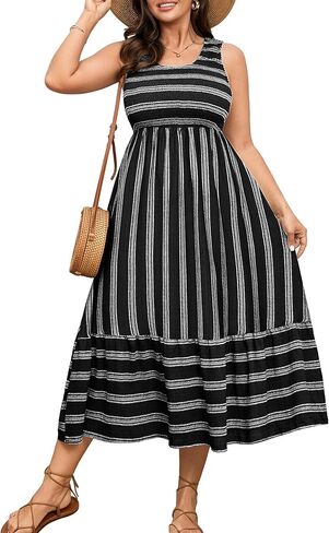 RWJ Women's Plus Size Sundress 2026 Summer Casual Sleeveless Square Neck Smocked Tank Beach Vacation Long Maxi Dresses in Saudi Arabia