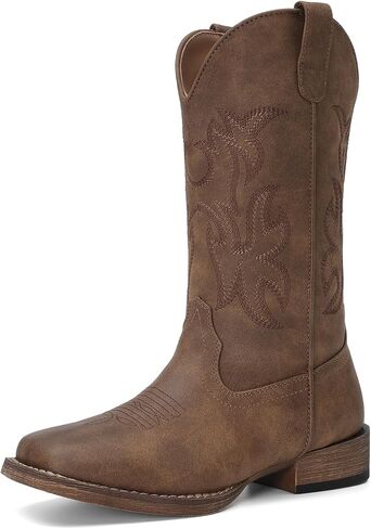 DREAM PAIRS Cowboy Cowgirl Boots for Women Wide Square Toe Western Mid Calf Pull-On Embroidered Stitched Retro Boots in Kuwait