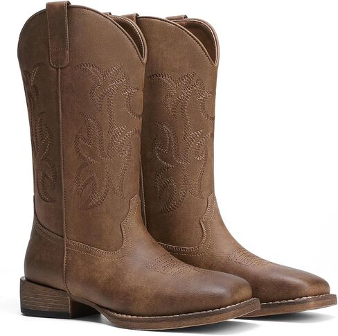DREAM PAIRS Cowboy Cowgirl Boots for Women Wide Square Toe Western Mid Calf Pull-On Embroidered Stitched Retro Boots in Saudi Arabia