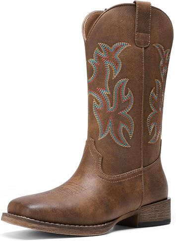 DREAM PAIRS Cowboy Cowgirl Boots for Women Wide Square Toe Western Mid Calf Pull-On Embroidered Stitched Retro Boots in Saudi Arabia