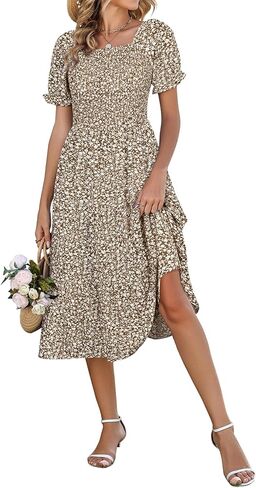 Younrui Spring Dresses for Women 2026 Casual Easter Floral Sundresses Smocked Square Neck Midi Long Dress with Pockets in Saudi Arabia