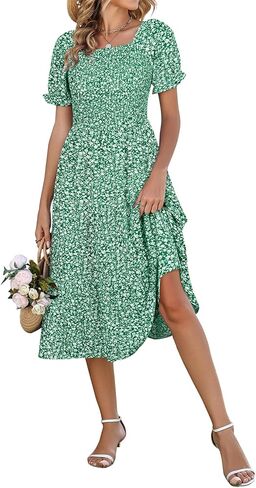 Younrui Spring Dresses for Women 2026 Casual Easter Floral Sundresses Smocked Square Neck Midi Long Dress with Pockets in Kuwait