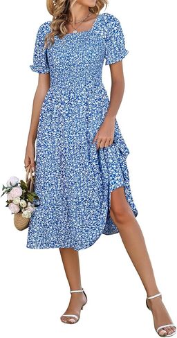 Younrui Spring Dresses for Women 2026 Casual Easter Floral Sundresses Smocked Square Neck Midi Long Dress with Pockets in Saudi Arabia