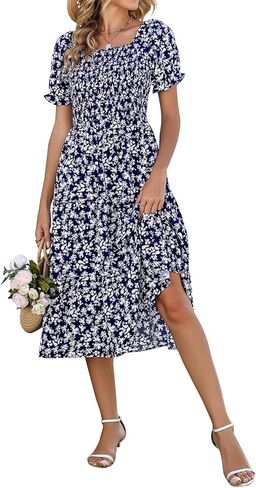 Younrui Spring Dresses for Women 2026 Casual Easter Floral Sundresses Smocked Square Neck Midi Long Dress with Pockets in Saudi Arabia
