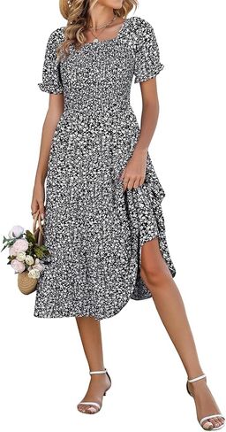 Younrui Spring Dresses for Women 2026 Casual Easter Floral Sundresses Smocked Square Neck Midi Long Dress with Pockets in Saudi Arabia