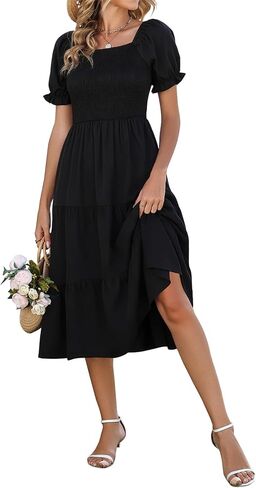 Younrui Spring Dresses for Women 2026 Casual Easter Floral Sundresses Smocked Square Neck Midi Long Dress with Pockets in Saudi Arabia