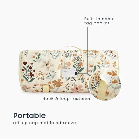 Wake In Cloud - Toddler Nap Mat with Pillow and Blanket, for Kids Girls in Kindergarten Daycare Preschool Pre K, Roll Up Sleeping Bag, Floral Botanical Flowers, Orange Cream, Standard in Kuwait
