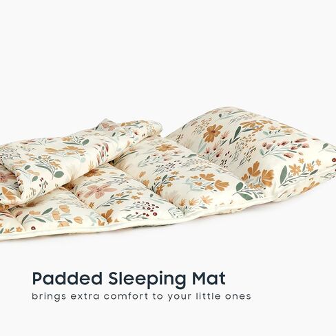 Wake In Cloud - Toddler Nap Mat with Pillow and Blanket, for Kids Girls in Kindergarten Daycare Preschool Pre K, Roll Up Sleeping Bag, Floral Botanical Flowers, Orange Cream, Standard in Kuwait