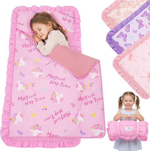 FIOBEE Toddler Nap Mat with Removable Pillow for Girls - Soft Daycare Nap Mat for Preschool Kindergarten, Extra Long Kids Sleeping Bag with Blanket, Roll Up Sleeping Mat in Saudi Arabia