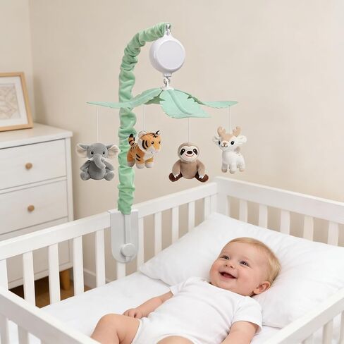 Baby Crib Mobile for Boys and Girls, Soft Plush Jungle Safari Animals Elephant Tiger Sloth Deer, Babies Nursery Decor, Calming Soother with 12 Lullabies Essential and Perfect Gift in Kuwait