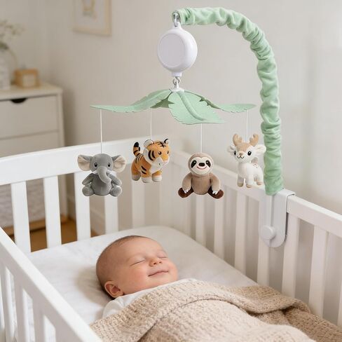 Baby Crib Mobile for Boys and Girls, Soft Plush Jungle Safari Animals Elephant Tiger Sloth Deer, Babies Nursery Decor, Calming Soother with 12 Lullabies Essential and Perfect Gift in Kuwait