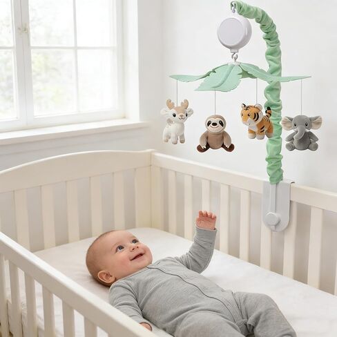 Baby Crib Mobile for Boys and Girls, Soft Plush Jungle Safari Animals Elephant Tiger Sloth Deer, Babies Nursery Decor, Calming Soother with 12 Lullabies Essential and Perfect Gift in Kuwait