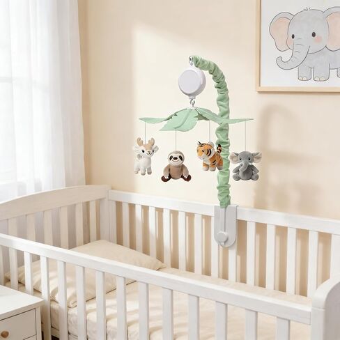 Baby Crib Mobile for Boys and Girls, Soft Plush Jungle Safari Animals Elephant Tiger Sloth Deer, Babies Nursery Decor, Calming Soother with 12 Lullabies Essential and Perfect Gift in Kuwait