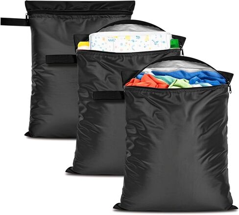 Wet Dry Bags 3 Pack,12x16 Inch Waterproof Reusable Wet Bag For Baby Diapers Swimsuit Wet Clothes Travel Beach Pool Gym,Durable Polyester Fabric,Waterproof Seal Strip Inside,Handle and Zipper,Black in Kuwait
